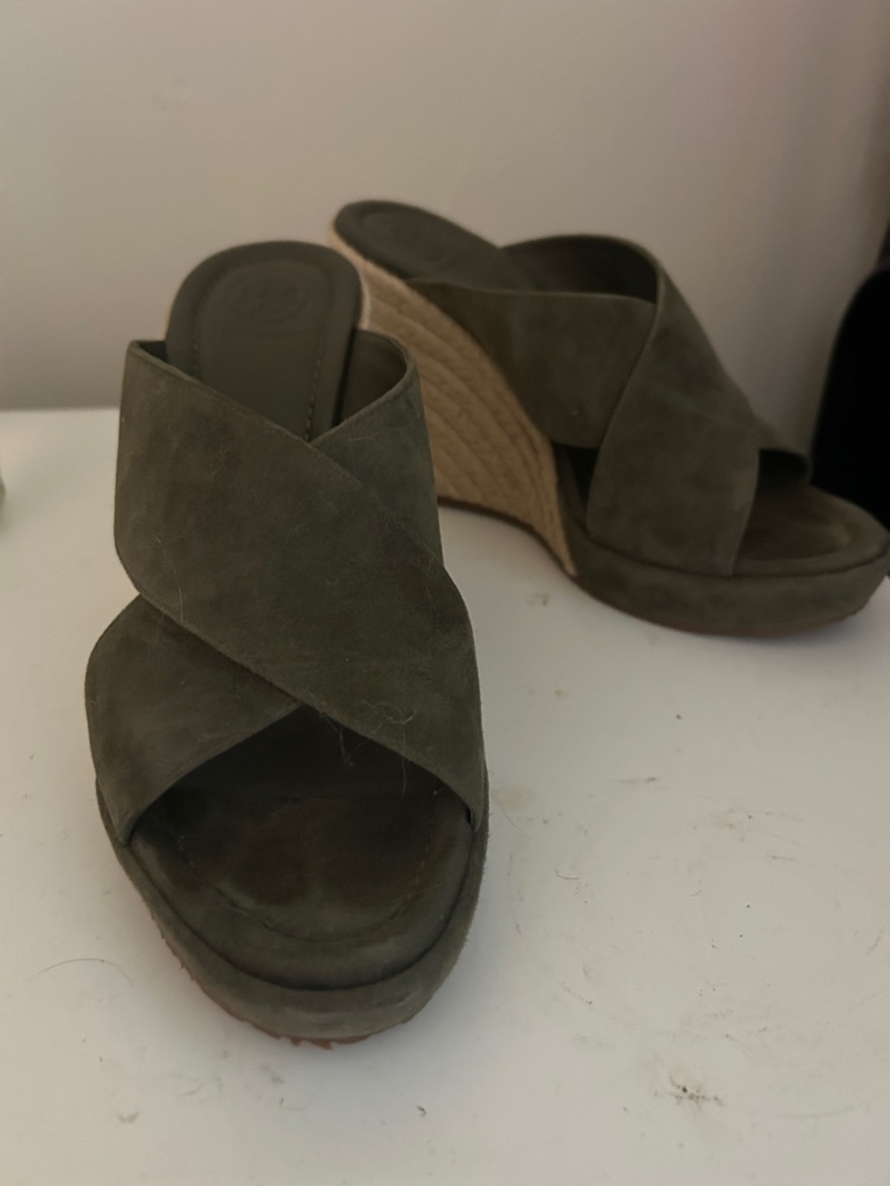 Tory Burch Olive Green Suede Crisscross Wedge Sandals